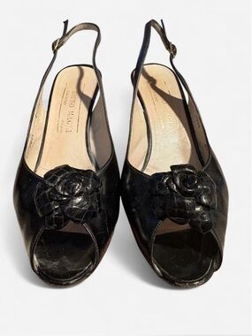 Vintage Bruno Magli Black Leather Peep-Toe Slingback Mules with Floral Appliqué